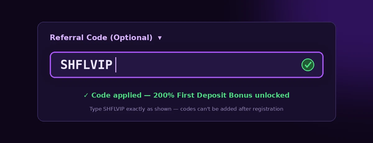 Shuffle referral code field close-up with SHFLVIP applied