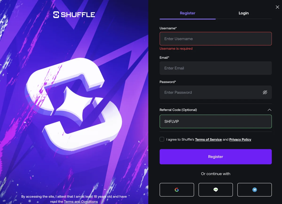 Shuffle sign-up form with referral code SHFLVIP entered — 200% deposit bonus up to $1,000